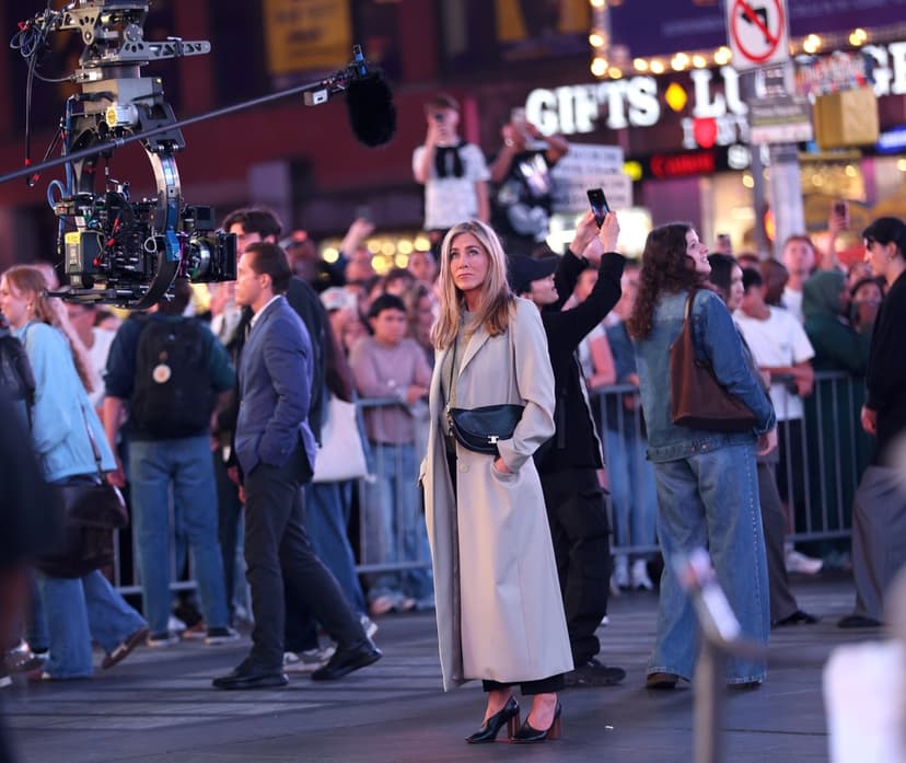 Jennifer Aniston på inspelning av "The Morning Show"