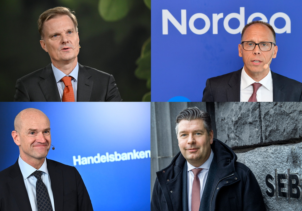 Överst från vänster: Swedbanks vd Jens Henriksson, Nordeas vd Frank Vang-Jensen,
Michael Green, vd Handelsbanken, och
SEB:s vd Johan Torgeby. Arkivbild.