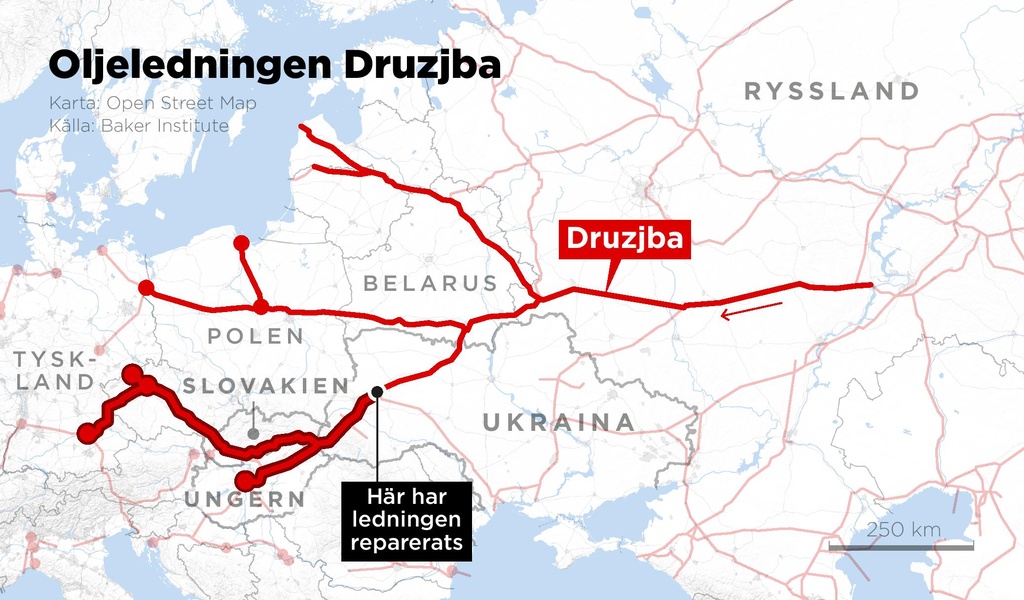 Kartan visar oljeledningen Druzjbas sträckning från oljefälten i Samara till västra Europa.